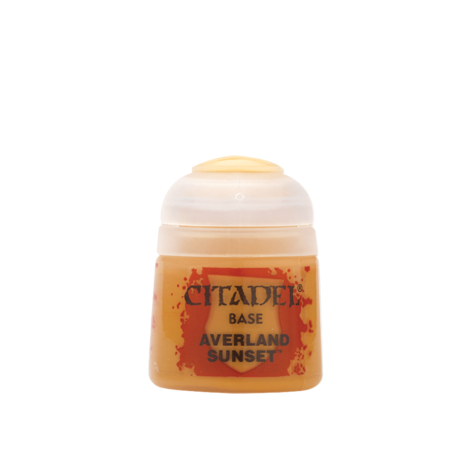 Jar of Citadel paint labeled 'Averland Sunset' on a white background
